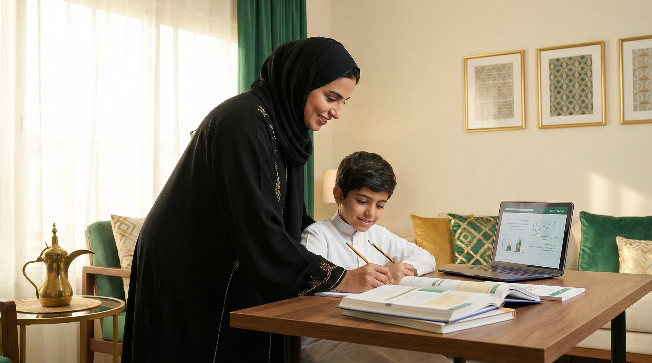 معلمة سعودية تساعد طالب في الدروس الخصوصية