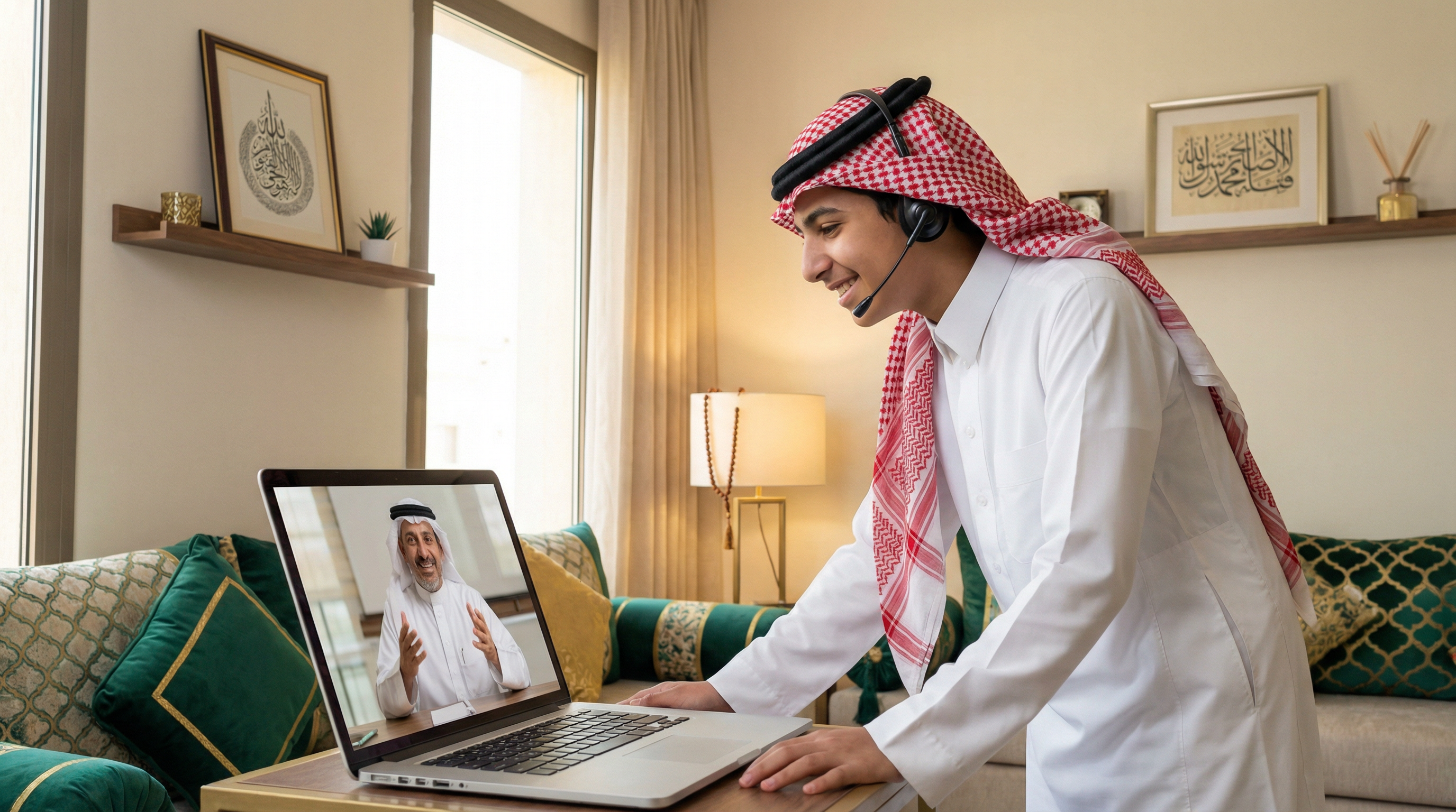طالب سعودي يتلقى درس أونلاين